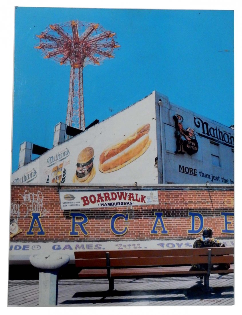 Gary Schwartz Arcade Photo Collage: Gary Schwartz (American) mixed media and photo collage, 1998. "Boardwalk Arcade" collage. Features a scene of Nathan's Hotdogs and Boardwalk Hamburgers on the arcade. Unframed. [18" x 24"]. Signed and