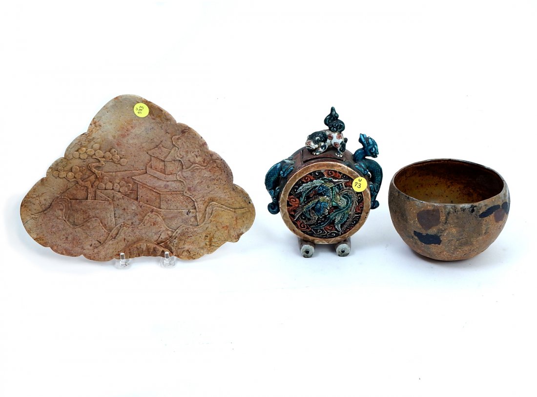 Group of 3 Decorative Items: Comprises: 1.) Ceramic bowl signed "Irene Friedman" [4" H x 6" Dia]. 2.) Soapstone covered Asian triangular plate. Repaired. [11 1/2" x 8 1/4"], 3.) covered Asian vessel porcelain foo dog and dragons.