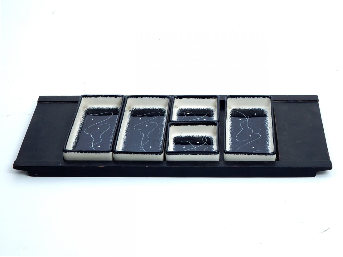 Modern Wood & Ceramic Tray, Signed: Modern ebonized wood tray with fire ceramic glazed inserts. Each signed "Donaldson". [18" H x 7 1/2" W]. Good condition.