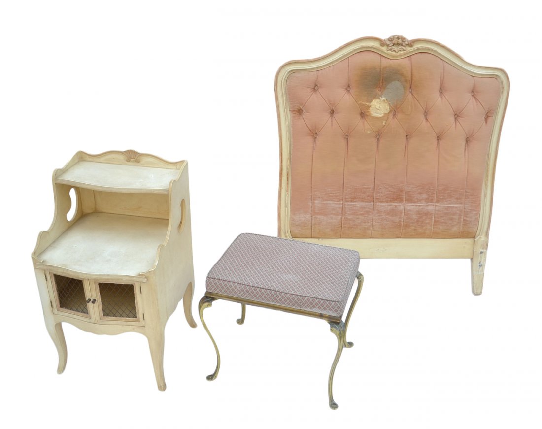 Headboard Nightstand and Bench: White painted nightstand brass vanity bench and headboard. [Largest: 34 1/2" W x 45" H].