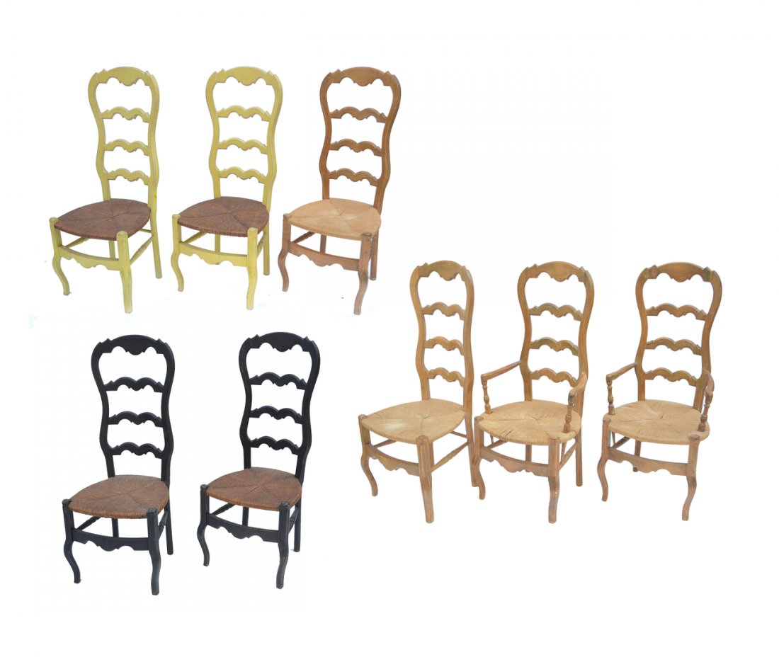 Eight Ladder Back Chairs: Set of Provencial style dining room chairs, including two armchairs and six side chairs.