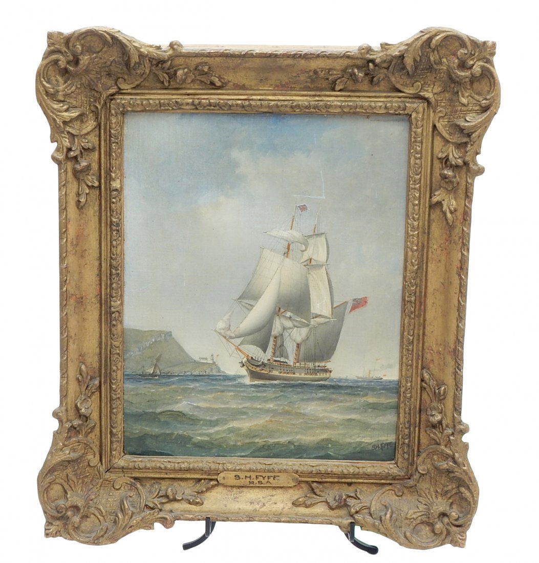 Samuel H. Fyfe, Chipper Ship: Oil on panel of a ship in full sail. Signed lower right "S.H. Fyfe". Inscribed verso "Samuel Fyfe Marino Artist". [Art: 12" W x 14" H; Frame: 17" W x 21" H]. Small scratch in lacquer, canvas and frame