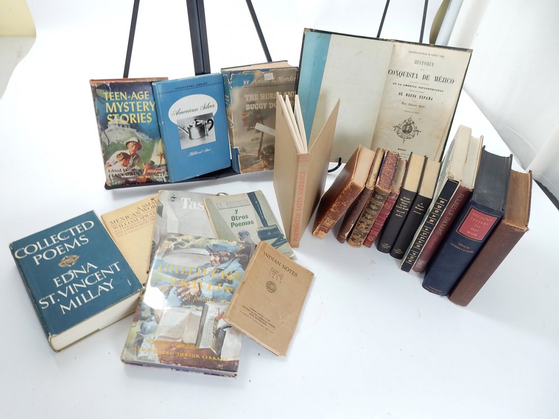 20+ Vintage and Antique Books: 20+ Titles- Mostly 8VO and some 4TO. Subjects include: Geography, American Silver, Texas History, Poetry, Edgar Allan Poe, and others. Condition varies, all sold "as is".