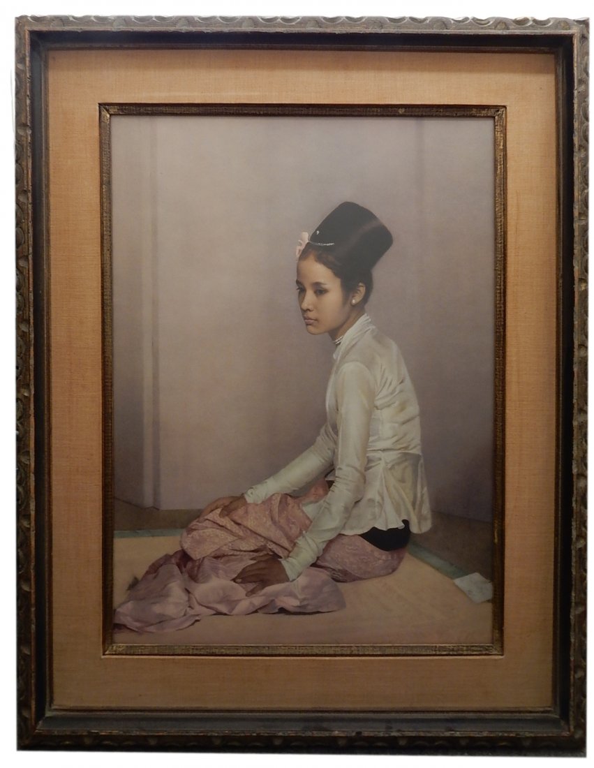 Portrait of a Polynesian Girl: Portrait of a Polynesian girl signed illegibly. Medium unknown (potentially print or pastel). [Sight: 17 1/2'' W x 23 1/2'' H; Framed: 25 1/2'' W x 31 1/2'' H]. In good condition. Not examined outside