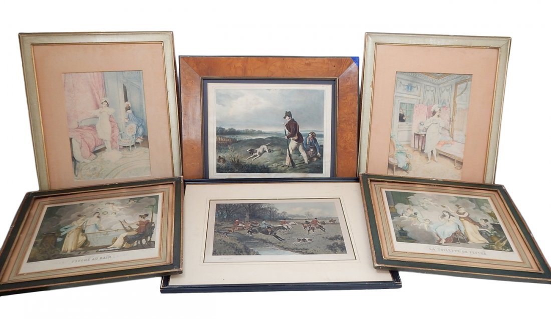 6 Antique English and Continental Prints: Comprises: 1.) Pair of Lucius Rossi Rococo boudoir hand-colored prints. 2.) Two allegorical French prints - Choubard and Chasselat. 3.) Gilbert S. Wright, signed lithograph, titled "The Brook". Fox hu
