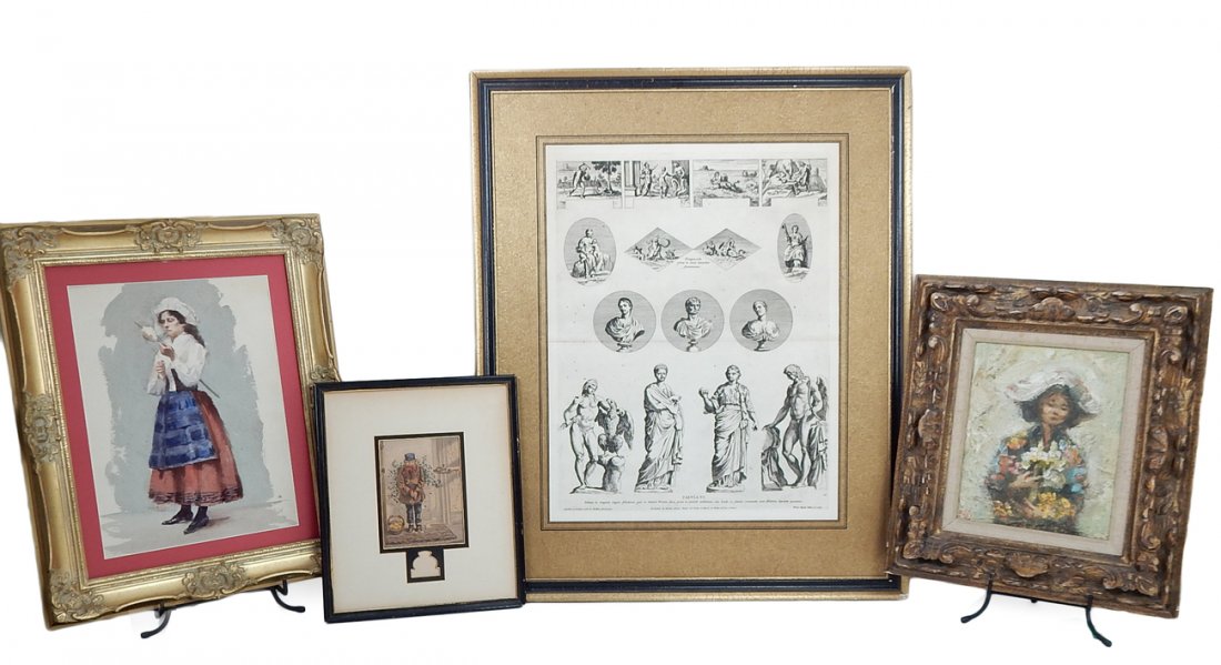 Four Framed Figural Works: Comprises: 1.) Antique watercolor depicting a Breton woman with cotton jig. Unsigned. [Art: 9 1/2" x 13 1/2"]. 2.) George Baxter, color engraving "Christmastime", circa 1859. [Image: 4 1/4" x 5 3/4"].