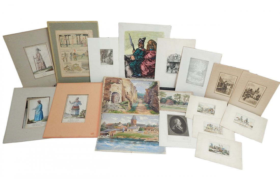 Asst'd Intl Vintage Works on Paper: Assorted international antique and vintage works on paper comprising: 1.) Signed prints by: Max Rosenthal, Serge V., Benjamin Kopman, Milossi, 2.) Unsigned prints by: George Cruikshank, c. Vernet, and