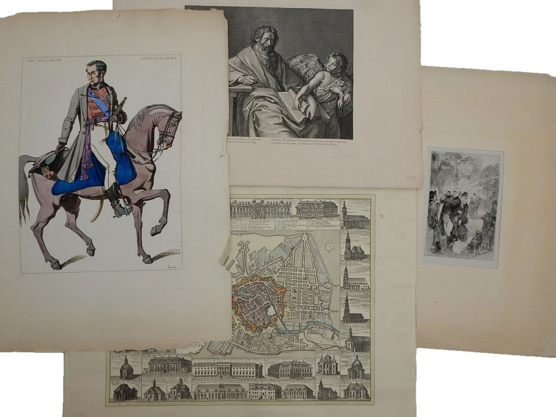 Four Vintage and Antique Prints: Comprises: 1.) Hand-colored intaglio print depicting Lord Wellington on horseback. Signed bottom right in-the-plate "Jacques Ranz". [Image: 11" x 15 1/4"]. 2.) Hand-colored map of Berlin, Germany by J