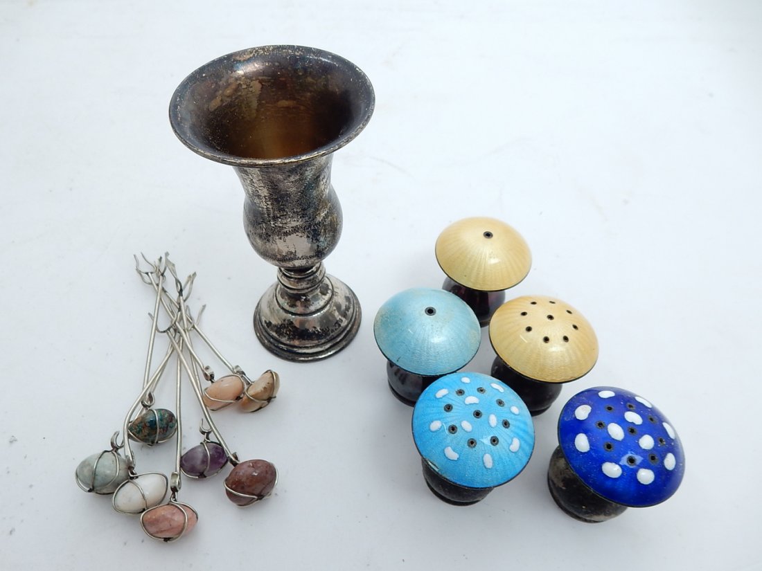 Group of Sterling and Enamel Articles: Matched set of 5 Danish sterling and enamel salt cellars, together with 8 Hol Douru forks set with semi-precious stones and another sterling salt. 14 pieces.