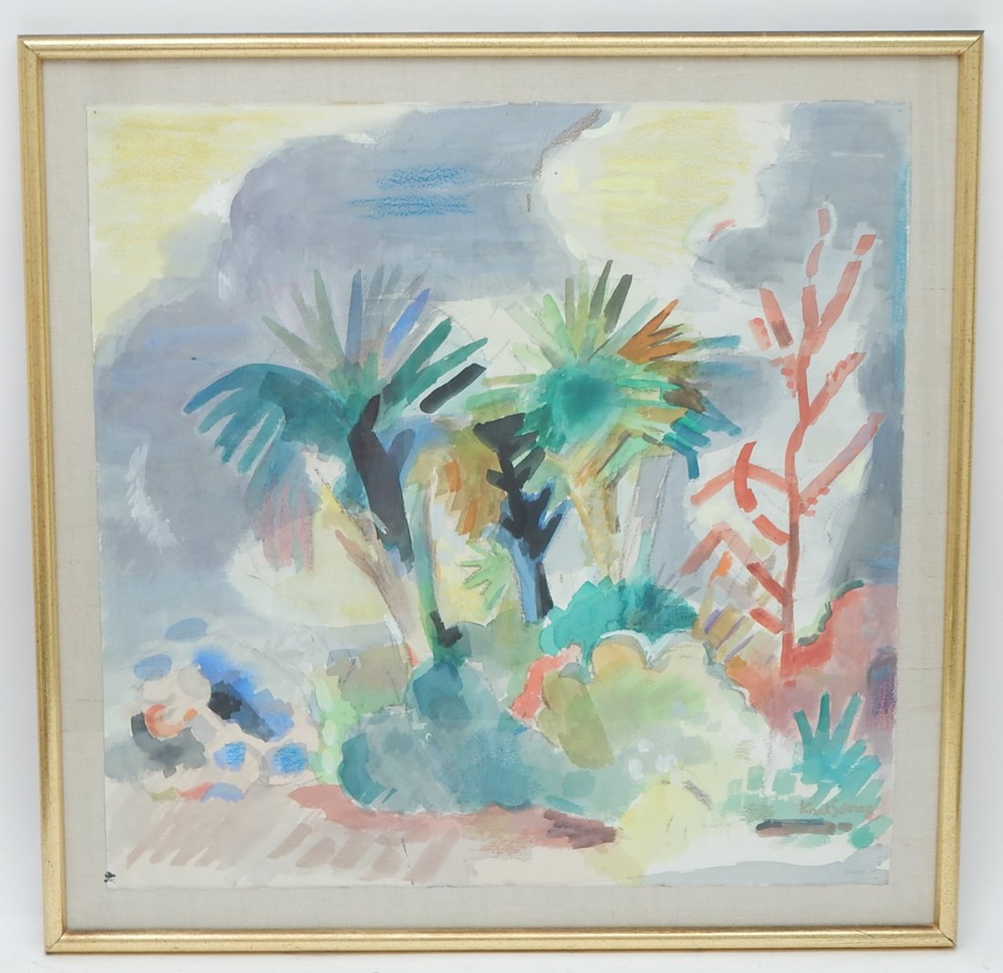 Karl Schrag Palm Trees: Framed watercolor titled "Palm Trees, Gray and Yellow Sky II". Signed lower right. [Art: 22" x 22"; Frame: 26 1/4" x 26 1/4"]. Good condition.
