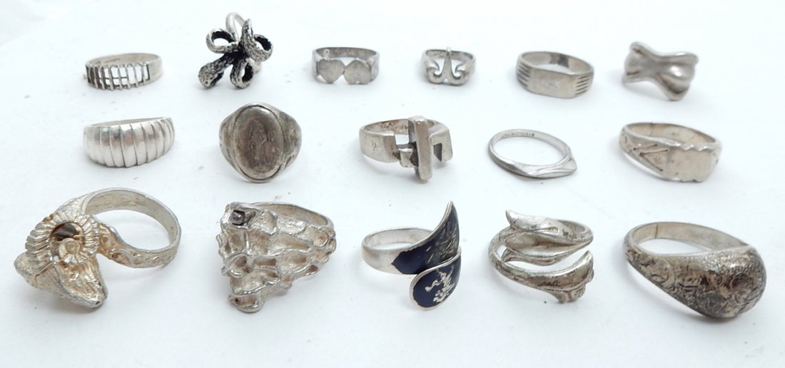 Sterling Silver Rings: Group of men's rings. 16 total. Sterling. 3.25 ozt.
