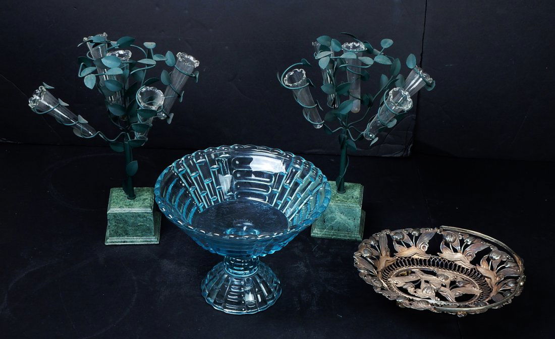 Four Decorative Items: Comprises: two epergnes with metal and marble bases and five glass bud inserts [12" x 9"]; blue glass centerpiece footed bowl 7"x 9" Dia]; one silver plate basket with tulip motif [7 1/2" x 9"]. Good