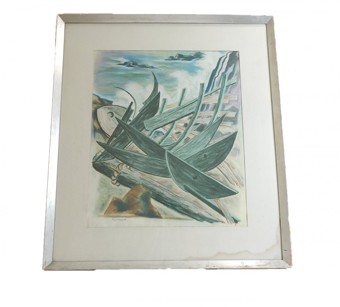 Ernest Fiene, Abstract Pastel: "The Wreck"- Abstract pastel on paper by Ernest Fiene, 1948. Depicts a seascape and is signed and dated in the bottom left. Also inscribed on the back of the frame is, "Pastel, Study I, "The Wreck". M