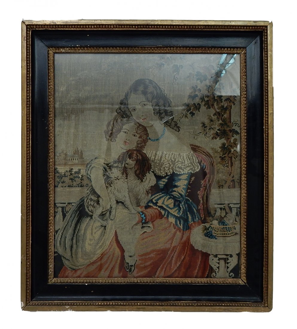 Needlepoint, Mother, Child & Dogs: Framed needlepoint. [Overall: 17 1/2" x 20 1/2"]. Frame with losses, otherwise in good condition.