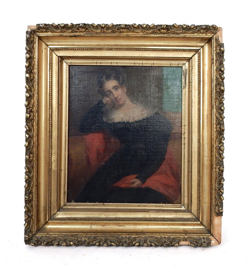 Antique American Portrait: Gilt framed oil on board of a seated woman wearing a black dress with white trim along neck. [Art: 9 3/4" x 12"; Frame: 15" x 16 1/2"]. Worn, losses.