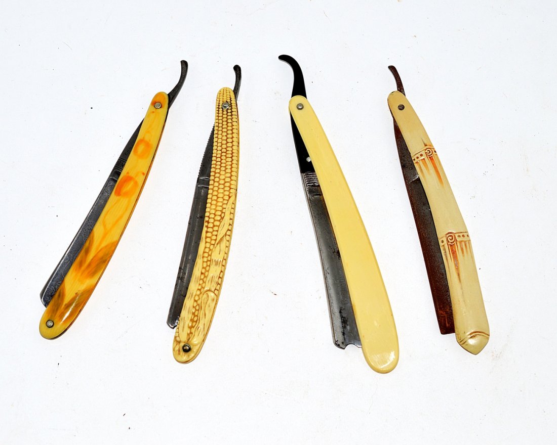 Four Assorted Straight Razors w/ Celluloid Handles: Blades include: Lafayette Cutlery [Germany], Lakeside Cutlery [Chicago, IL], Hammet & Katter [Germany], and Calhoun & Croyer. Scales include: corn on the cob, faux ivory, and faux bamboo. As is.