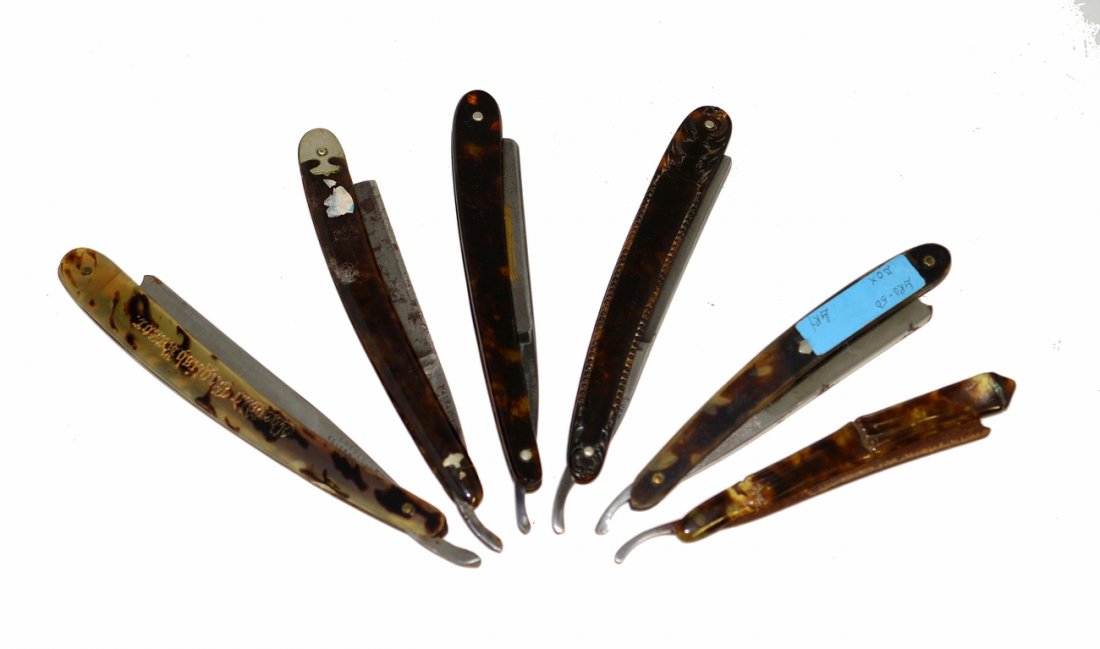 Six Straight Razors with Faux Tortoise Scales: Blades include: Sheffield, "Joseph Rogers & Sons", "Landers, Frary & Clark", "Wade & Butcher Sheffeild", and "Wyeth's". As is. [One set cracked].