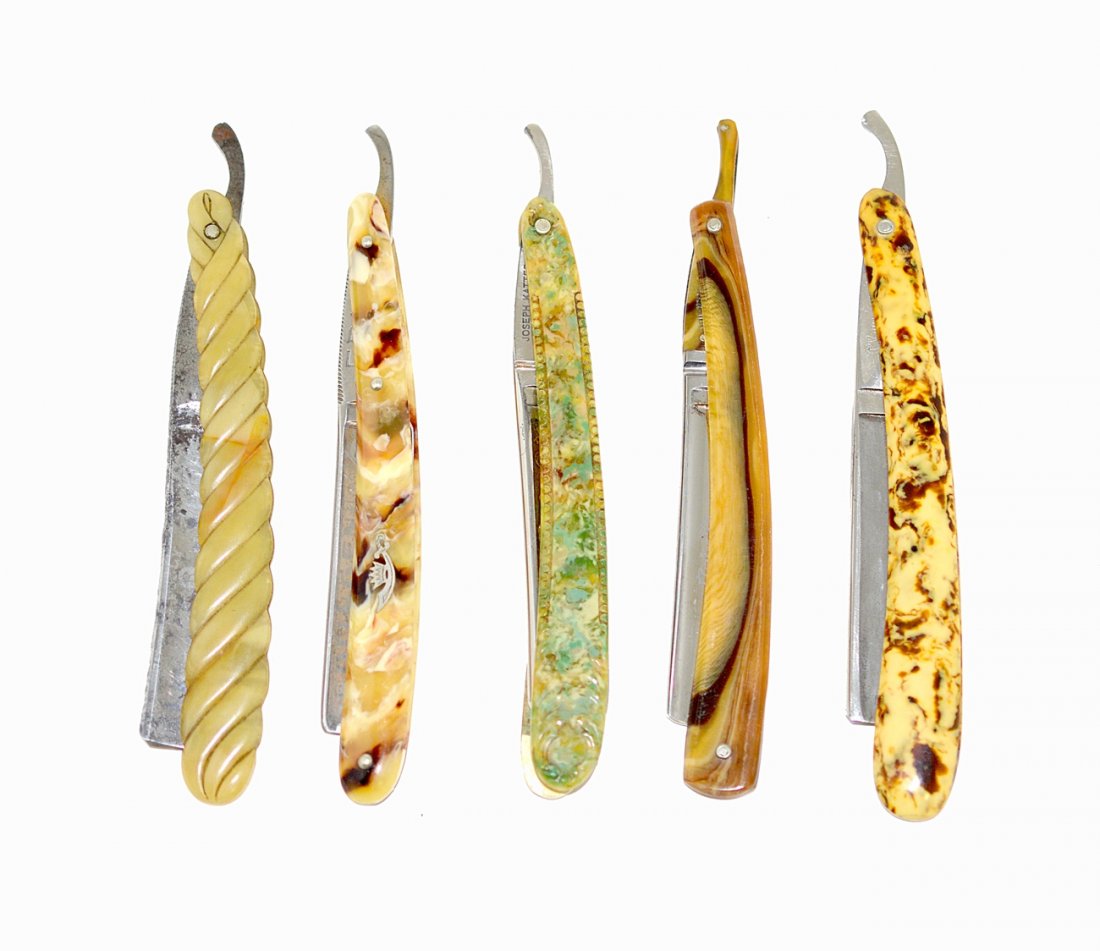 5 Straight Razors with Simulated Hardstone Scales: Includes faux jade, onyx, and marble. Features engraved blades, and stamped shanks comprising: "Joseph Katter", "Wilber Cutlery," and "Clauss" among others. One bears loose scales. As is.
