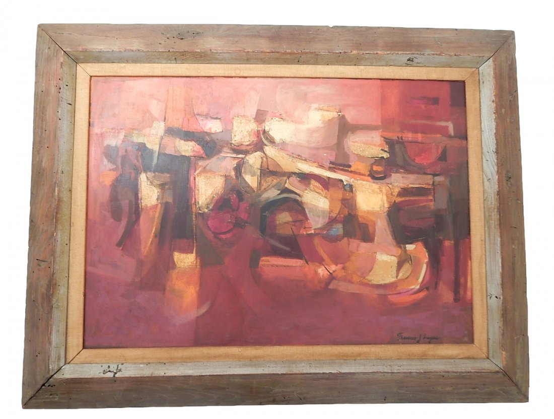 Francis J. Meyers - "Red Abstract": Francis J. Meyers, 20th century, oil on board, "Red Abstract", signed lower right, framed. [Sight: 33" W x 23" H; Frame: 43" W x 33" H]. Some crazing to paint, otherwise good condition.