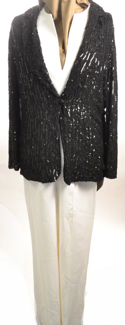 Group of Giorgio Armani Ladies Clothes: Group of three items of ladies Giorgio Armani clothing comprising: white Armani tunic and matching pants (EUR size 42), and one black sequined Armani Collezioni evening jacket (Size 10).