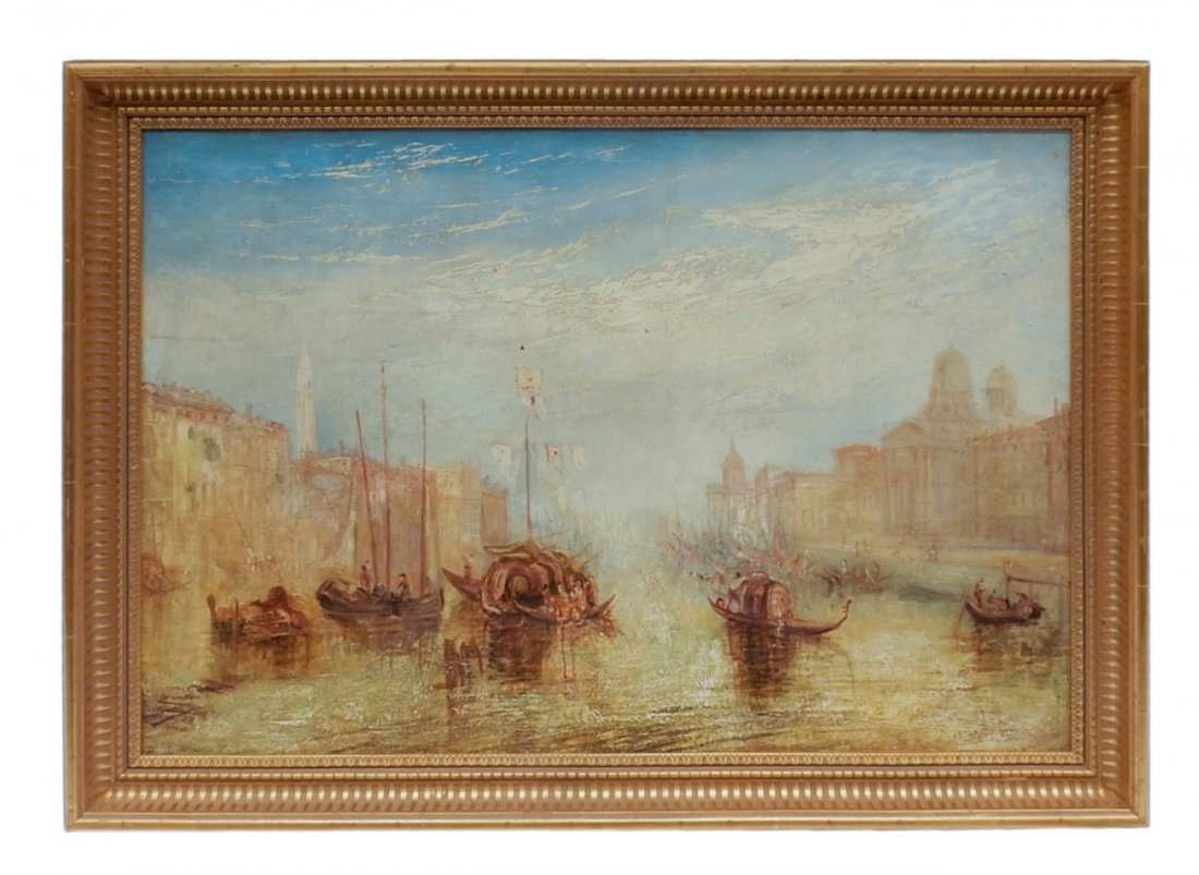 Venetian Canal Scene: Venetian canal scene, oil on canvas. Manner of J.W.M. Turner. Romantic depiction of gondolas and figures against architectural structures. Unsigned. [Art: 31 1/4' x 21 1/2"; Frame: 36" x 26 1/4"]. Soi