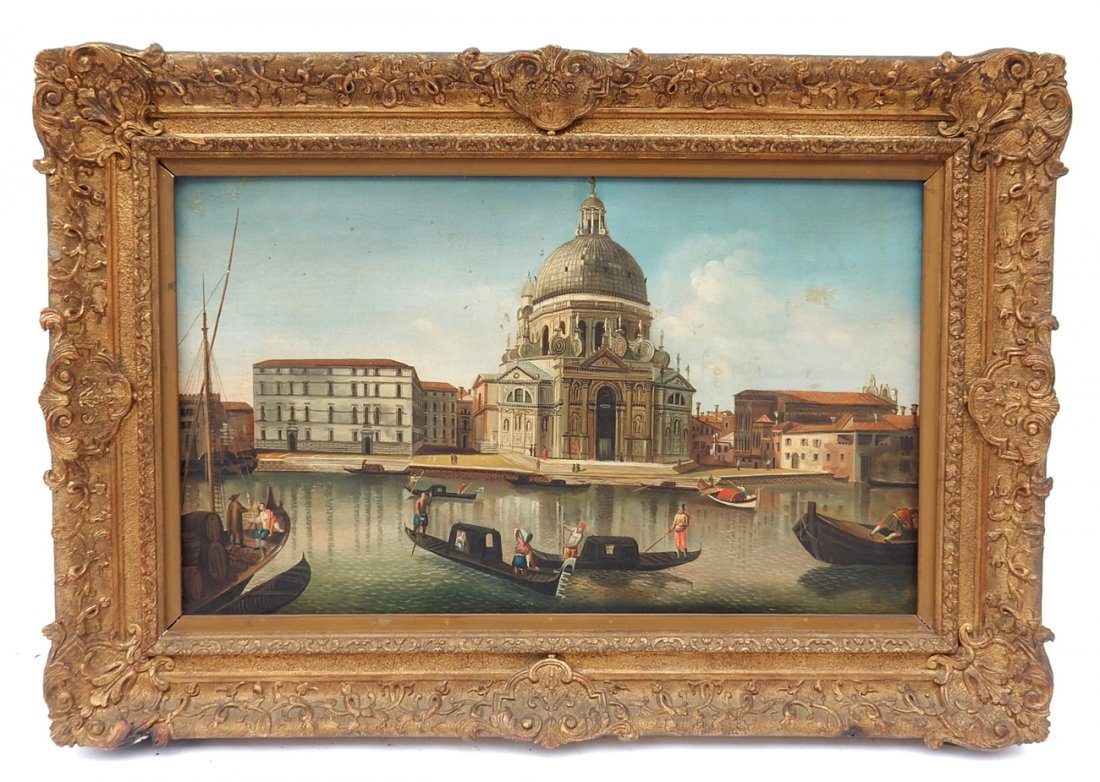 18th Century Venetian Scene: Oil on canvas. Venetian scene: Canal Maria della Salute [Art: 24 3/8" x 15 3/8"; Frame: 31 1/4" x 21 1/2"]. Some soiling spots, minor craquelure.
