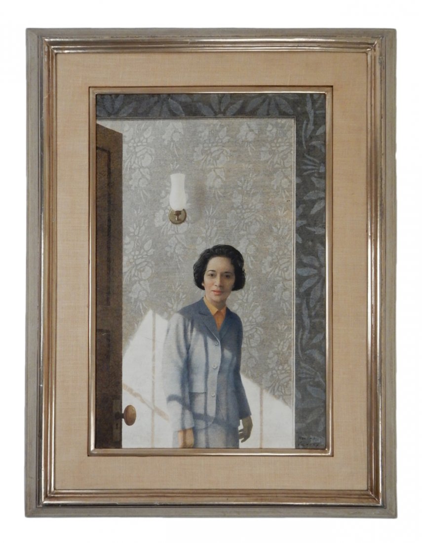 Robert Remsen Vickrey, Tempera Portrait: Robert Remsen Vickrey (American, 1926-2011). Tempera on masonite, portrait. Waist length full profile portrait of a woman. Signed lower right. [Art: 16" x 24"; Frame: 25 1/4" x 33 1/2"]. One minor sta