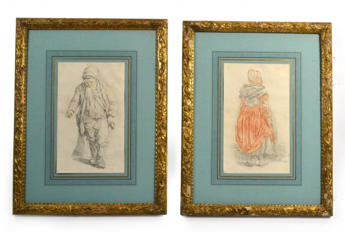 Nicolas-Bernard Lepicie, 2 Drawings: Two original works on laid paper. Comprises: 1) Pencil drawing of a boy in a standing full-length pose with head slightly bowed. 2) Pencil and sanguine depiction of a girl with back to viewer. Both on