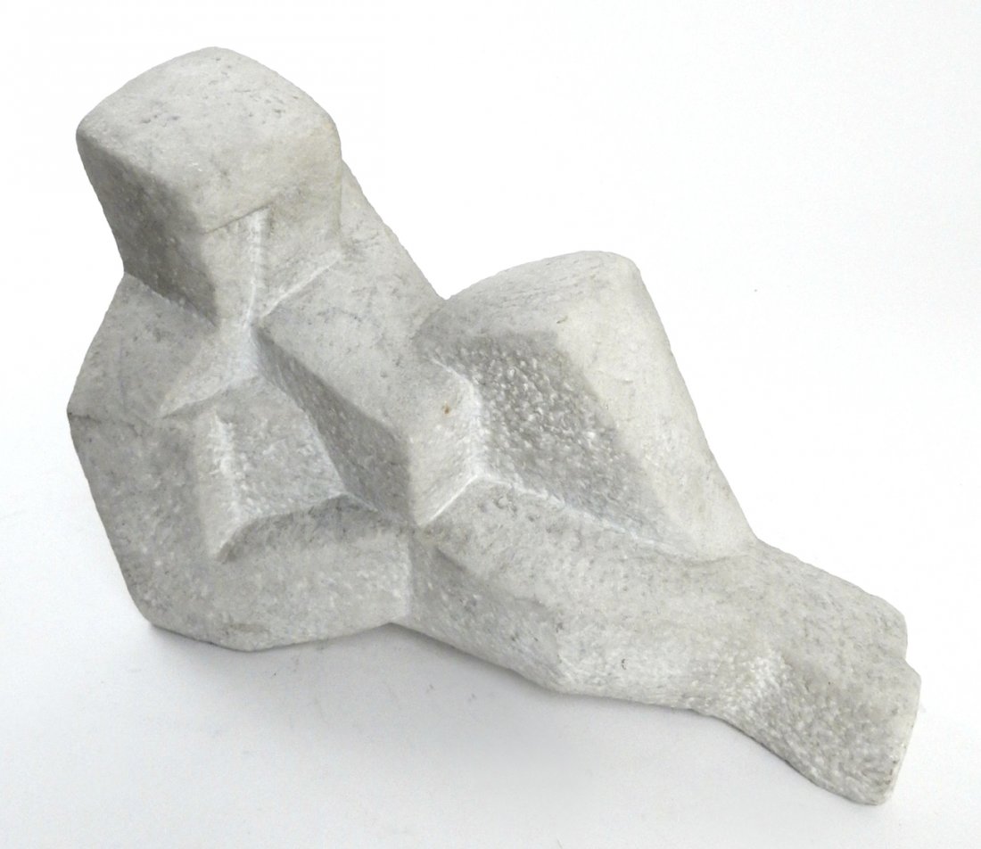 Larry Mohr, Carved Marble Cubist Figure: Depicts a seated figure with outstretched legs and one bent knee. Signed on back at bottom "Mohr". [12 1/8" W x 5 1/2" D x 9" H]. Some soiling.