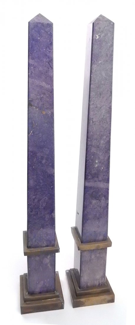 Pair of Purple Stone Obelisks: Pair of large bronze-mounted purple stone obelisks. [23 3/4 H" x 4 3/4" x 4 3/4"]. Overall good condition.