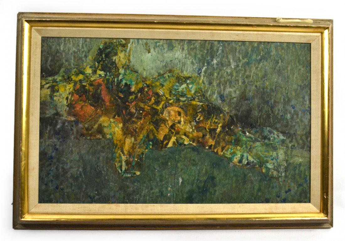 Franz Beer, Mixed Media, Abstract: Franz Beer (Austrian, b. 1929). 1960's abstract mixed media oil painting on board. Signed lower right. [Art: 20 1/2" x 12 1/2"; Frame: 24 3/4" x 16 1/2"]. In good overall condition.