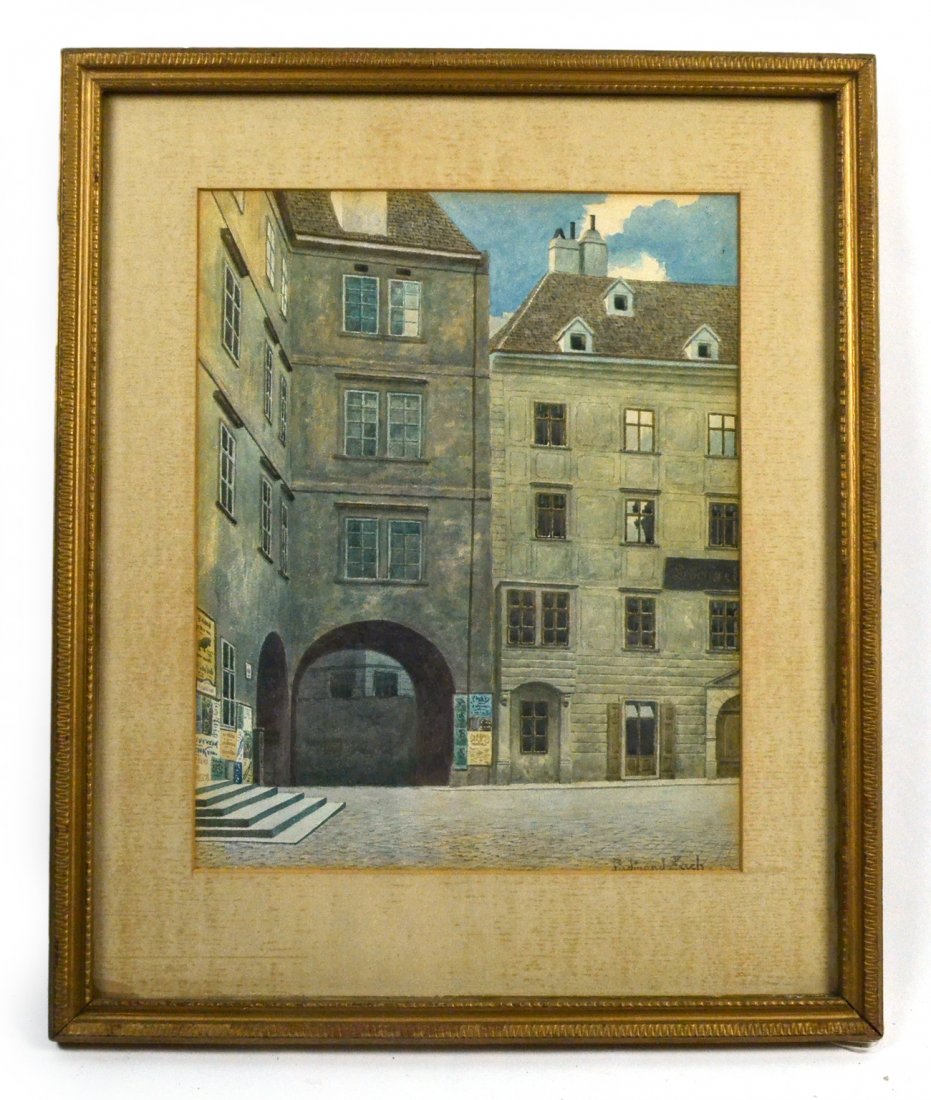 Ferdinand Zach, Street Scene Watercolor: Ferdinand Zach (Austrian, 1868-1956). Watercolor on paper depicting courtyard street scene. Signed lower right. [Art: 10" x 12 1/2"; Frame: 15" x 18"]. In good overall condition.