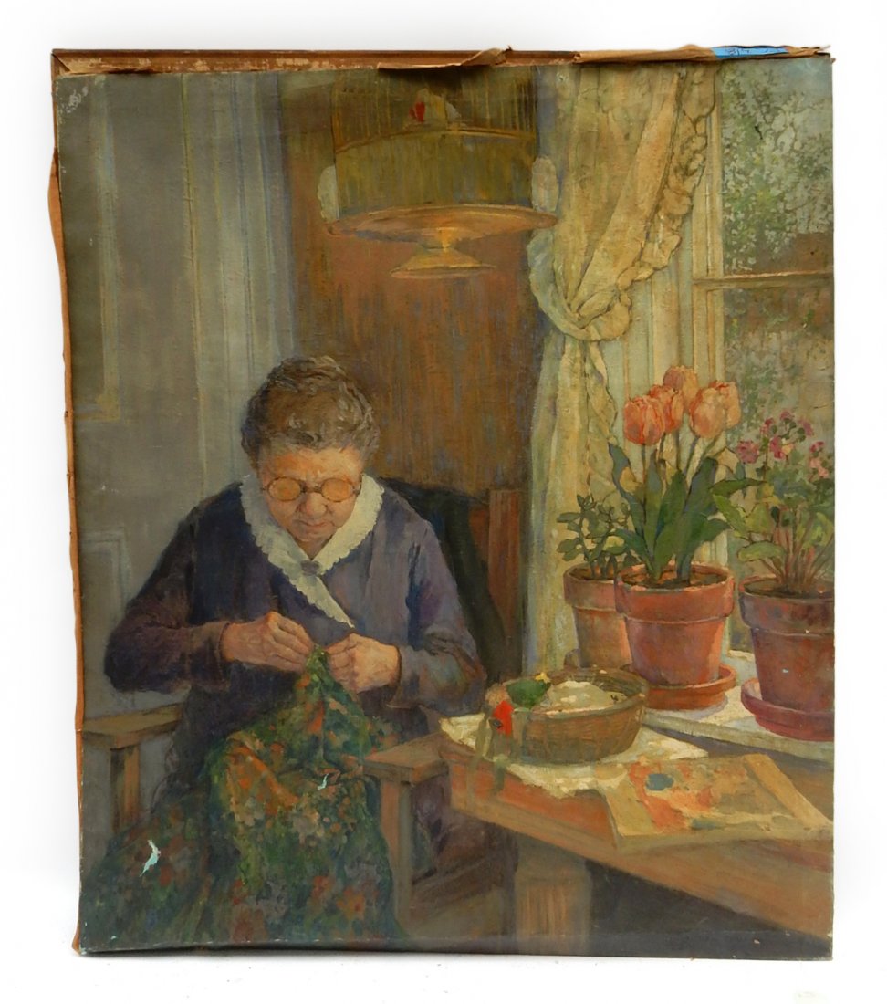 Carle Michel Boog, Woman Sewing: Carle Michel Boog (Swedish-American, 1877-1968). Oil painting on canvas depicting a woman sewing. Signed lower right. Unframed. [Art: 39" x 46"]. Light soiling throughout, scratch to paint in lower le