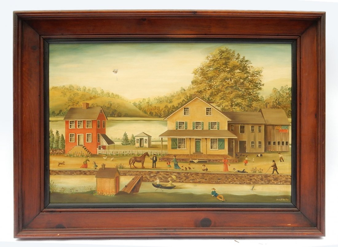 Jean H. Halter, Figural Town Scene: Oil painting on canvas, depicting a small town with figures, animals, and a canal and river in the background. Signed bottom right "Jean H Halter". Stretcher bears a Christie's auction label "02-Apr-0