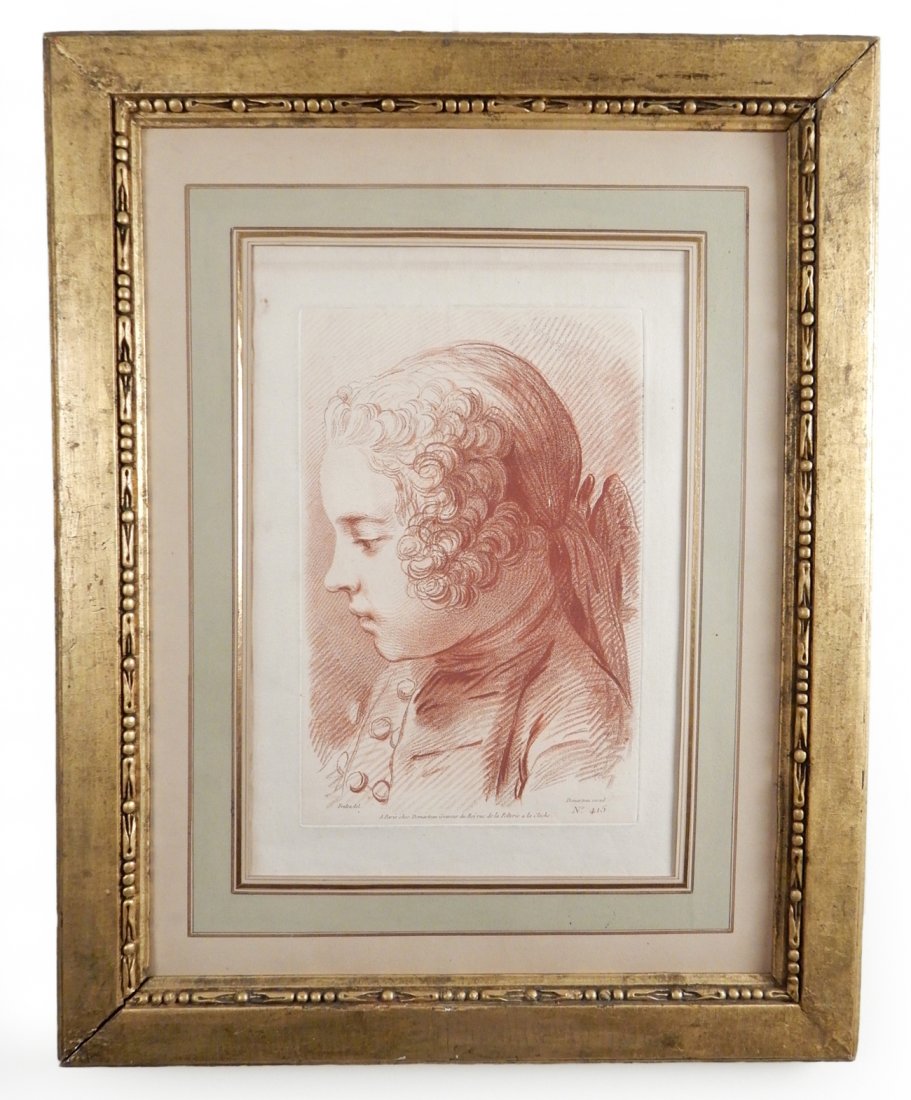 Antique French Portrait of a Boy: Sanguine lithograph on laid paper. Bust-length 1/2 profile depiction of a young boy in 18th century costume. Inscribed in-the-plate "a Paris Ches Demartzan Graveur du Roi..." Plate on larger sheet, ma