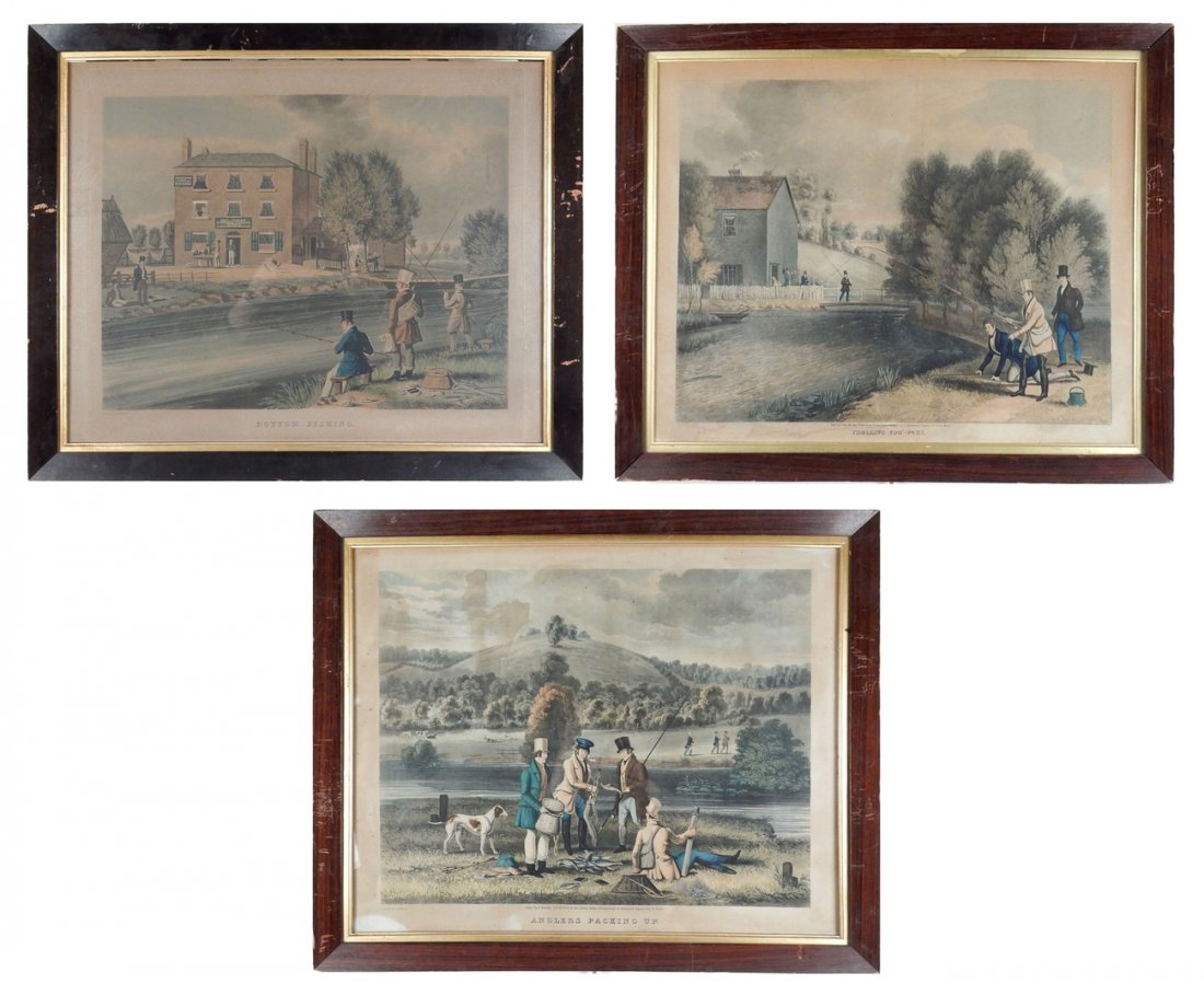 James Pollard, Three Antique Prints: Three hand-colored antique prints. British fishing scenes, one titled "Bottom Fishing", another "Trolling for Pike, and a third "Anglers Packing Up". [Art (each): 18" x 15 1/2"; Frame: 22 1/4" x 18 3/