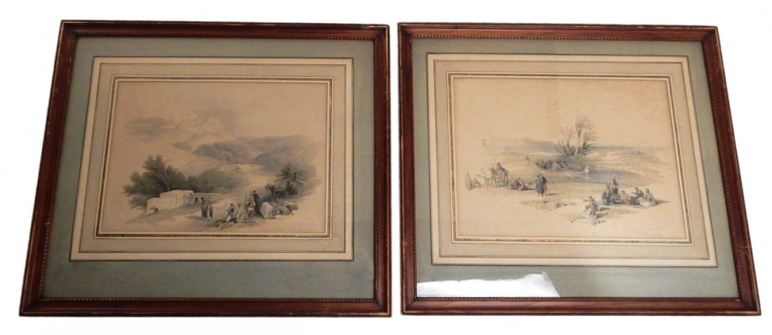 David Roberts, Two Lithographs: Two hand-colored lithographs, one titled "Ruins of the Church of St. John, Labaste", the other "Wells of Moses: Wilderness of Tyh". [Each: Art: 13" x 9 1/8"; Frame: 20 5/8" x 17 5/8"]. Age-toning, mat