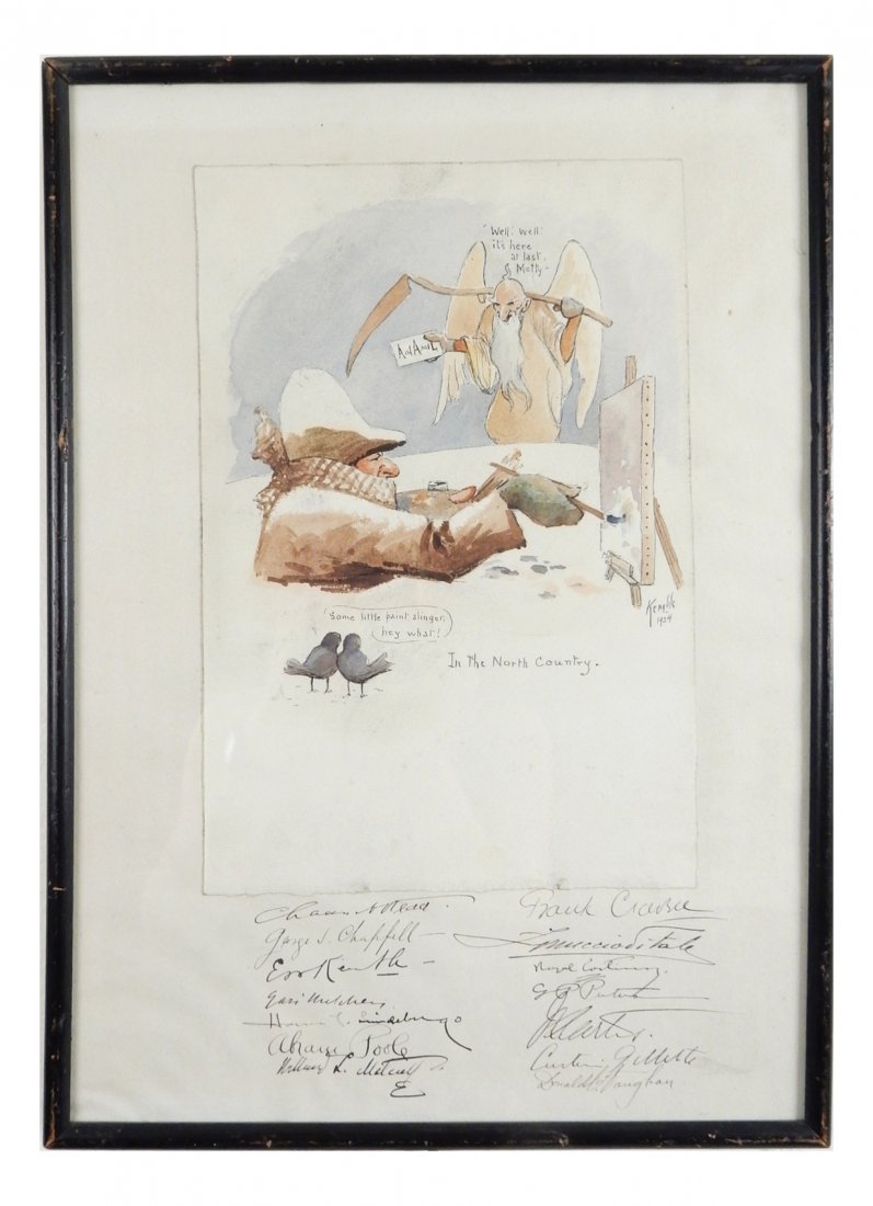 Edward Windsor Kemble, Watercolor: Watercolor illustration of Willard Metcalf. Water and ink on paper. Framed under glass. Signed and dated. Mounted on mat bearing autographs.