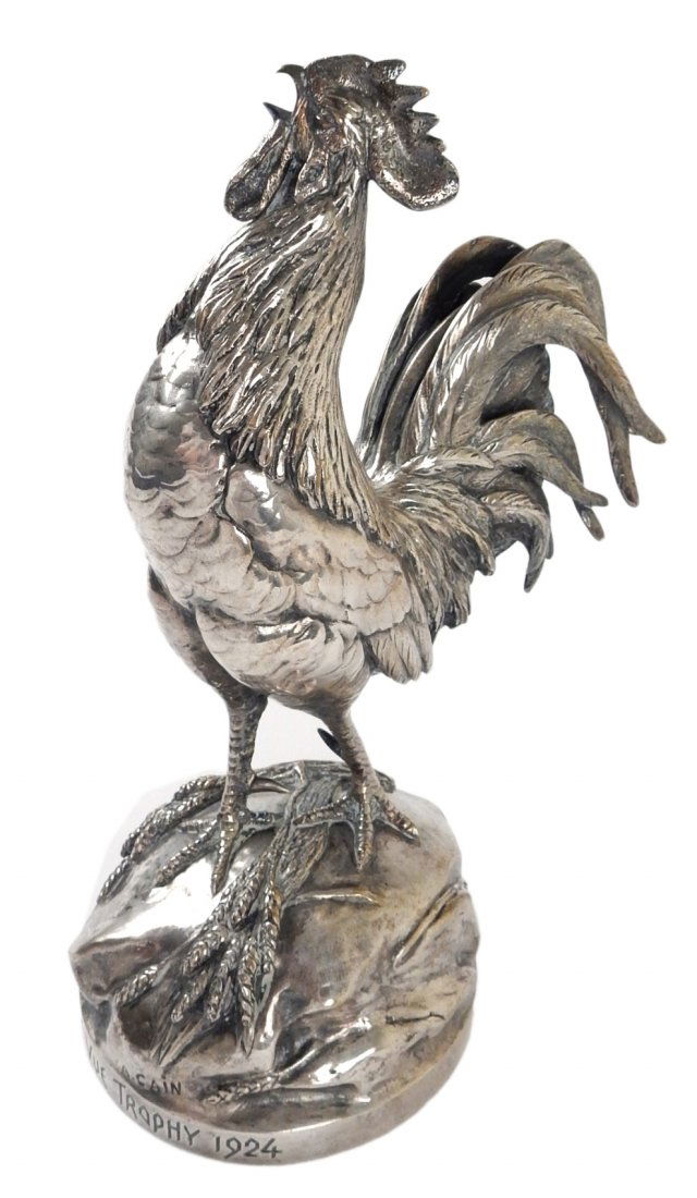 Auguste Nicholas Cain, Rooster: Antique French silvered bronze crowing rooster golf trophy, circa 1924. Surface signed on base and inscribed "Longue Vue Trophy H24", and the "Susse Freres Editeurs" foundry mark.