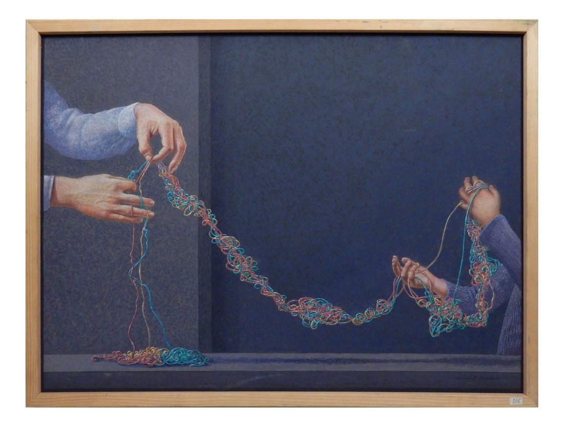 Clement Despres- "Patience", Oil on Wood: Depicts hands holding yarn. Signed lower right. [Art: 23 1/8" x 17 1/8"; Frame: 24" x 18"]. Minor surface scratches.