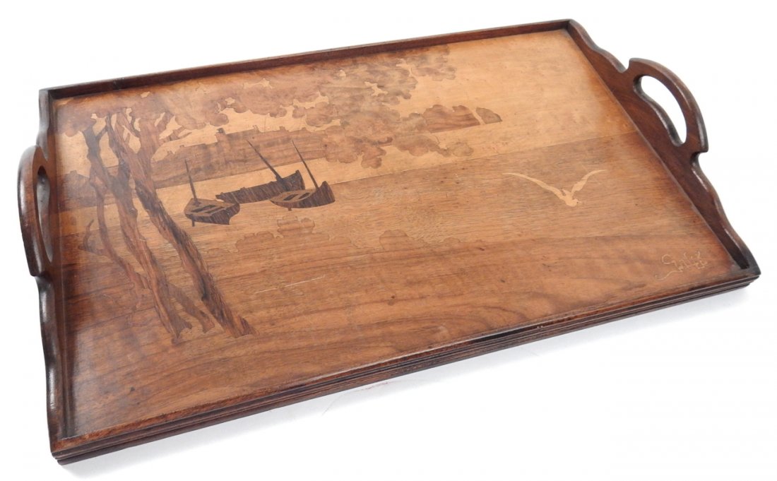 Emile Galle Marquetry Serving Tray: Emile Galle marquetry wood serving tray. [20 1/2" x 12 1/4" x 3 1/8"]. Some light scratches; overall good condition.