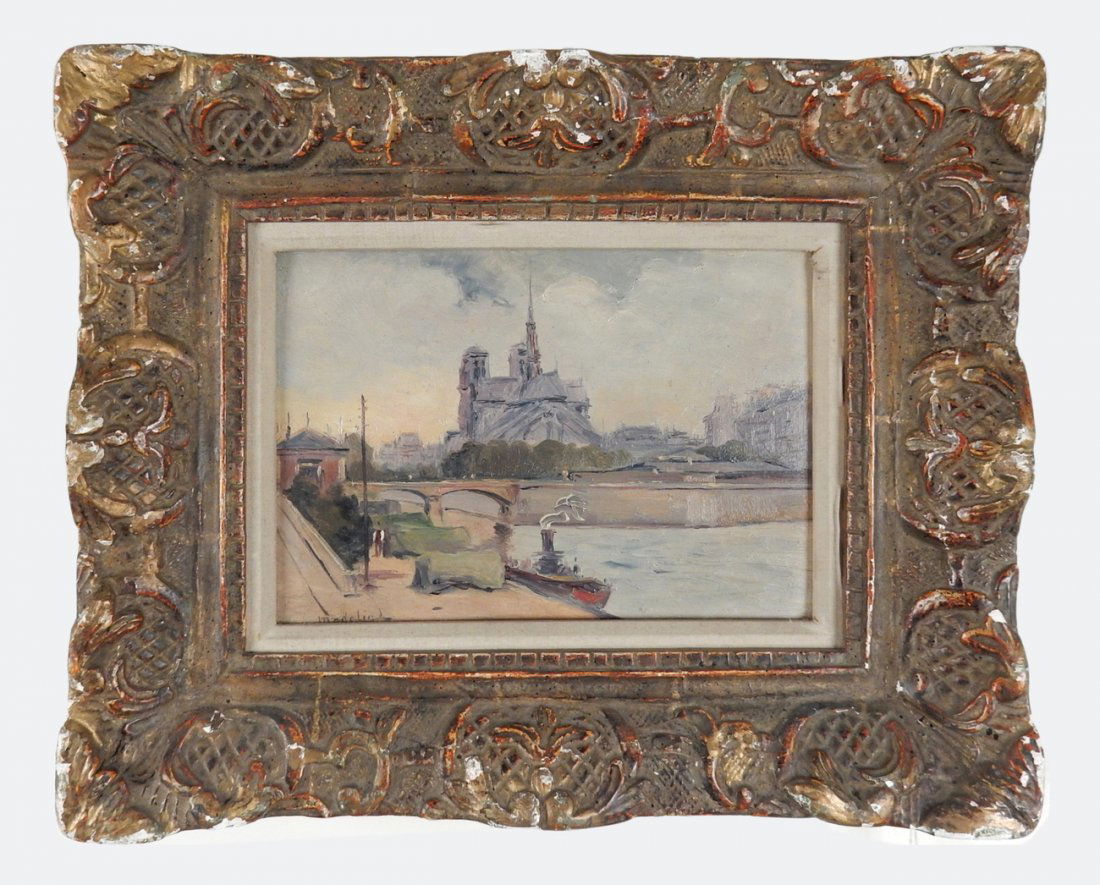 Paul Madeline, Oil on Pane - Notre Dame: 19th century Impressionist painting attributed to Paul Madeline. Signed "Madeline", lower left. Stamp and label on back, "1879". Oil on wood panel. [Art: 5 3/4" H x 8 3/4" W; Frame: 11 1/2" H x 14" W]