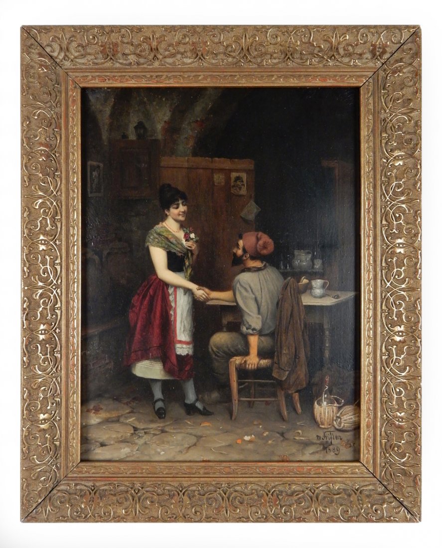 Moritz Stitter, Genre Scene of Couple: 19th century oil painting on wood panel. Signed "M Stitter 1889", lower right. Genre scene of couple. [Art: 10 1/4" H x 8" W; Frame: 13 1/4" H x 10 1/2" W]. Surface aberrations, otherwise in good cond