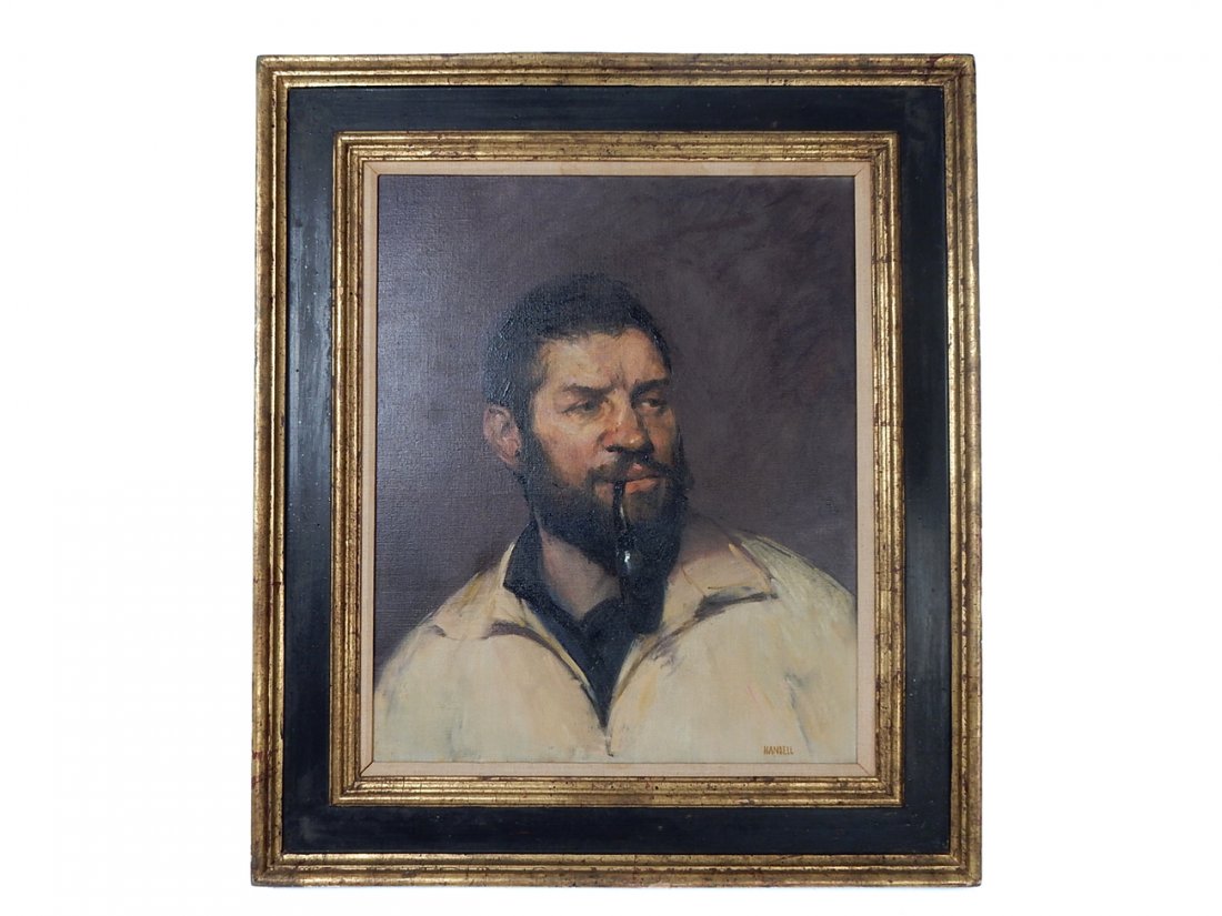 Albert Handell, Oil on Canvas - Man With Pipe: Bust-length 3/4 profile portrait of a bearded man with pipe. Signed bottom right "Handell." [Art: 14 1/2" x 17 5/8"; Frame: 21 5/8" x 24"]. In good condition.