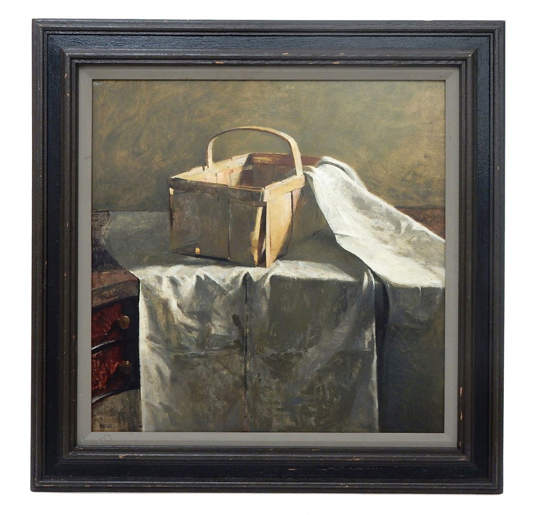 Albert Handell - Still Life with Basket: Oil on masonite still life with a basket and cloth on a table with two drawers. Signed bottom left "Handell". [Art: 19 1/2" sq.; Frame: 26 1/4" x 26"]. In good condition.