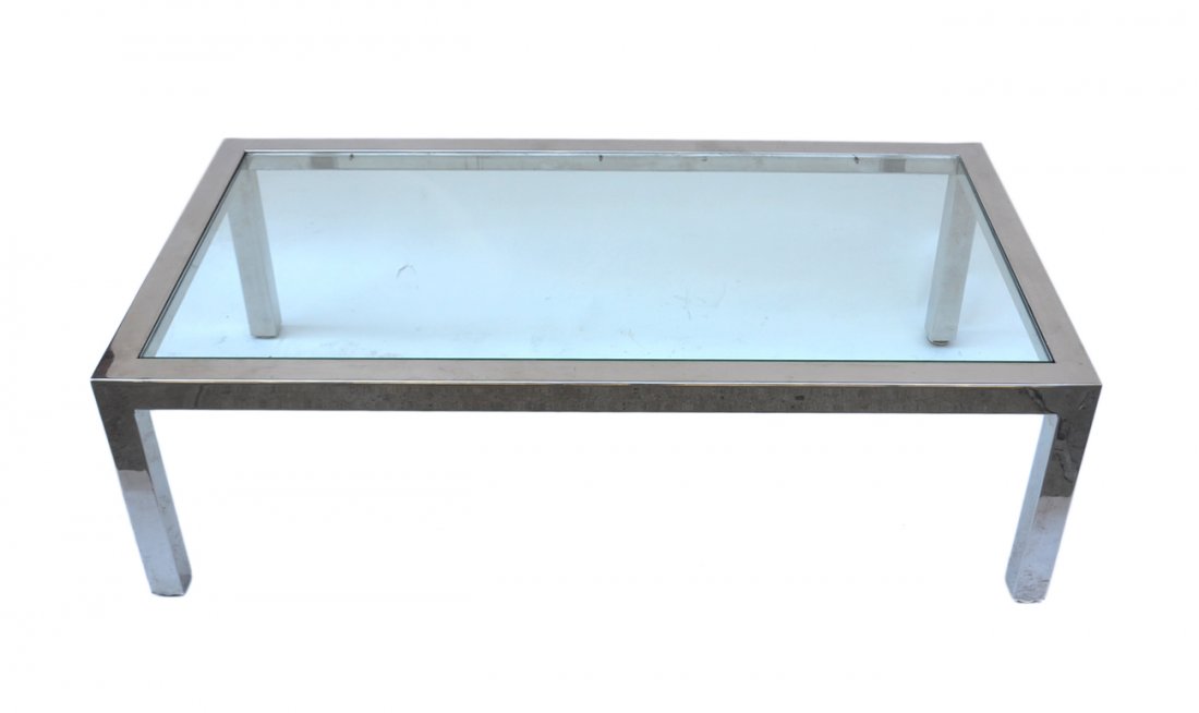 Pace Chrome Coffee Table: Pace chrome coffee table with inset glass top. LOT 362 to compliment this table. [52" W x 28" D x 16" H]. Bears some scratches, otherwise in overall good condition.