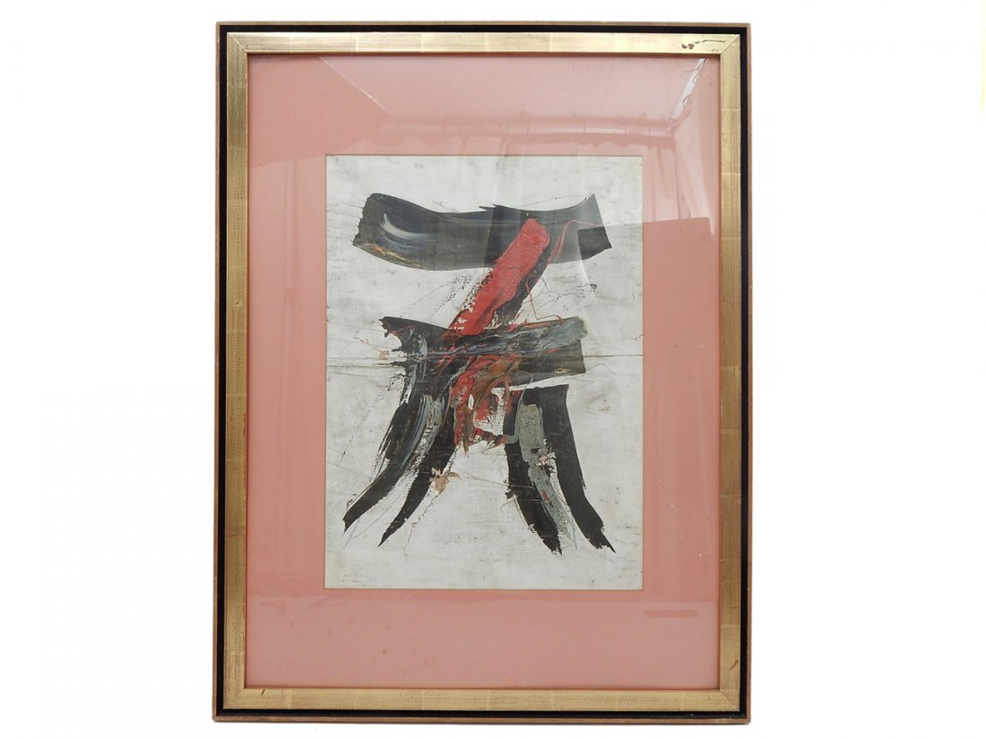 Vintage Abstract Oil on Newsprint: Expressionist style composition with heavy impasto based upon an Asian calligraphic character. Signed bottom right illegibly. [Art: (sight) 16 1/4" x 22 1/4"; Frame: 27 1/4" x 35 1/2"]. Puckering and