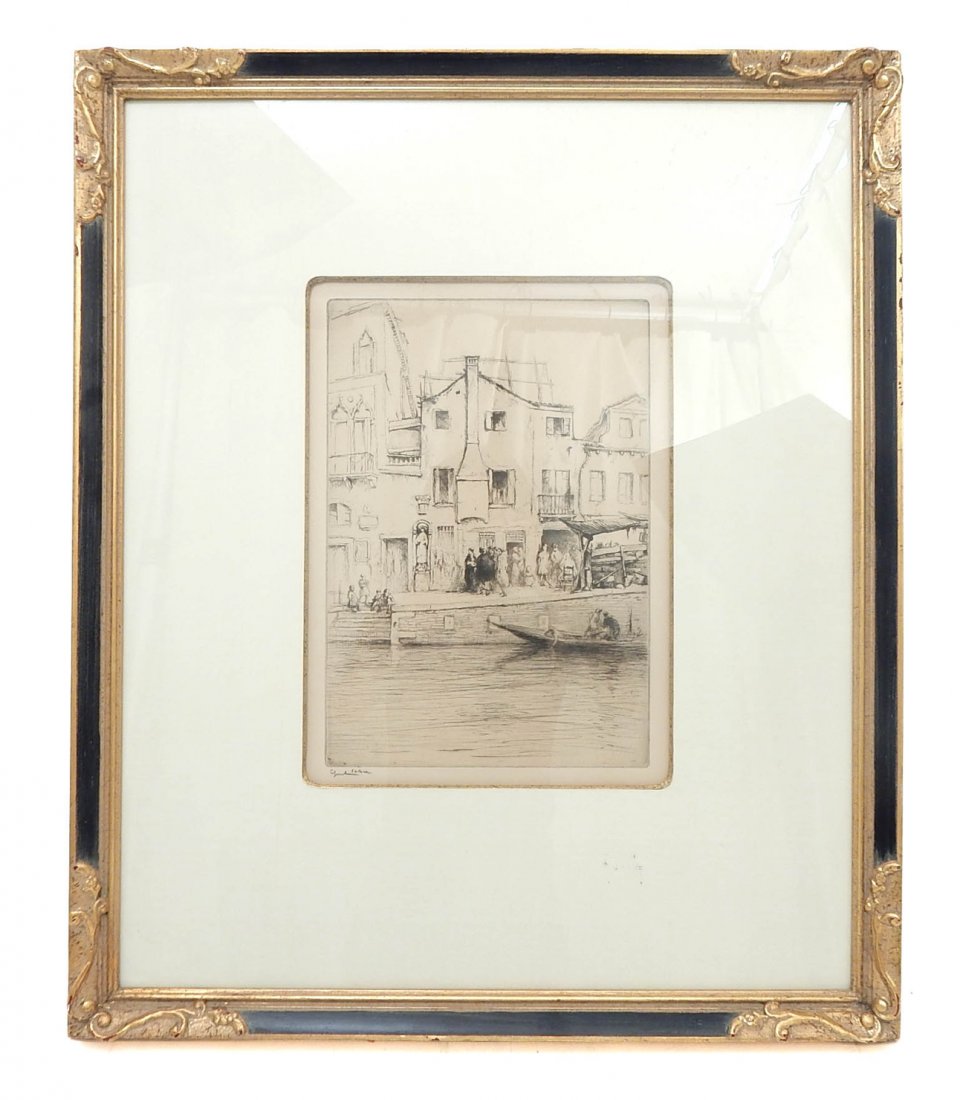 Edgar Chahine, "Venice", Etching: "Casa dei Mori". Etching and drypoint on arches paper depicting Venice with gondola. Signed "Casa dei Mori, 1922, Edgar Chahine". [Art: 13 1/2" H x 9 3/4" W; Frame: 26 1/4" x 22" W]. Good condition.