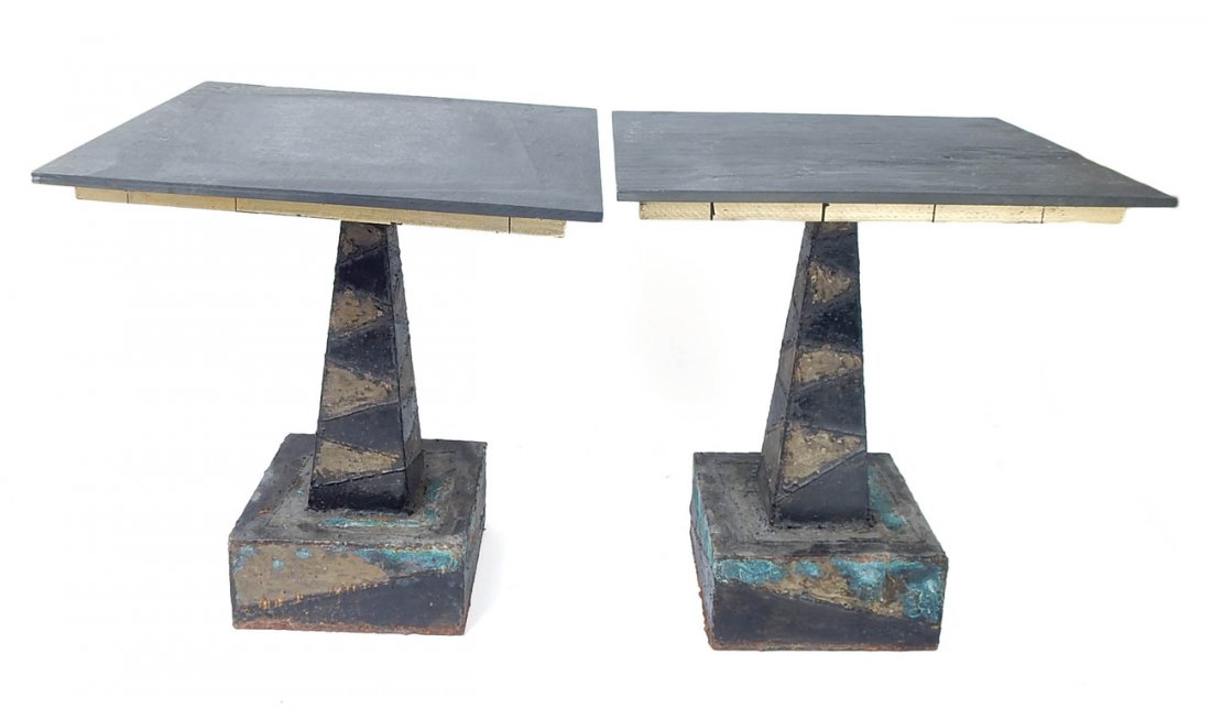 Pair Paul Evans Tables for Directional: Pair of grey slate top side tables on pedestal supports with welded and oxidized steel and copper elements. Unsigned. [17 1/2" Sq. x 19 1/8" H]. Light wear and rust at bottom edge.