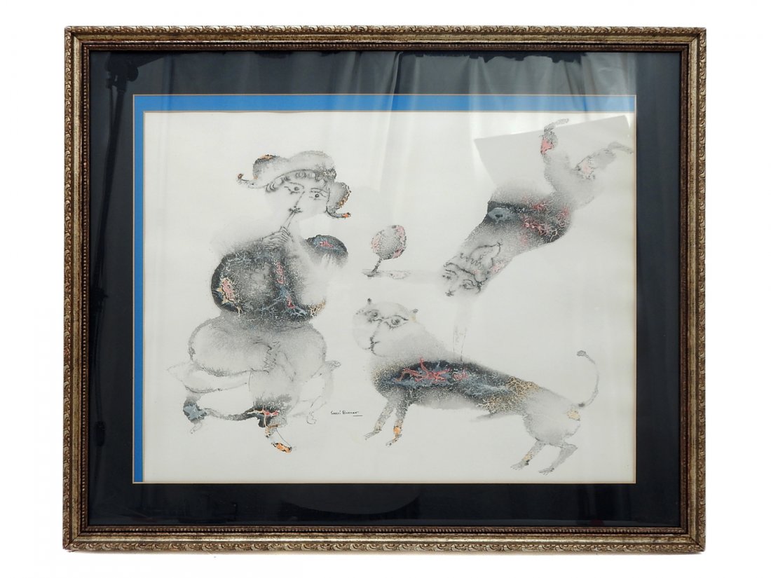 Sakti Burman, Flautist and Two Cats: Stylized ink and wash depiction of a seated flautist with two cats. Signed left center "Sakti Burman". [Art: 23 1/2" x 17 3/4"; Frame: 30 1/4" x 24 3/4"]. Minor puckering and light crease at top right